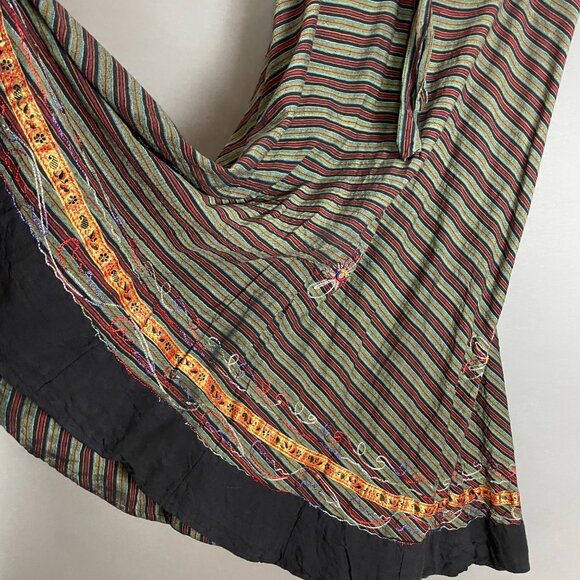 Striped Wrap Skirt Floral Embroidery Boho Flowers Ribbon Tie Waist Green Red - Picture 13 of 16